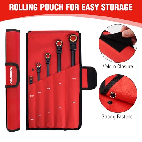 WORKPRO Extra Long Flex-Head Ratcheting Wrench Set, 5-piece Anti-Slip Double Box Wrench Set, SAE 1/4-13/16", 72-Teeth, Cr-V Steel and Black Electrophoretic Coating Wrenches with Rolling Pouch