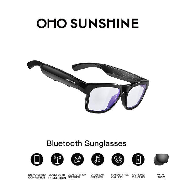 OhO Bluetooth Glasses,Voice Control and Open Ear Style Smart Glasses to Listen Music and Calls,UV400 Protection Lens Shine black - Blue Light Blocking Lens