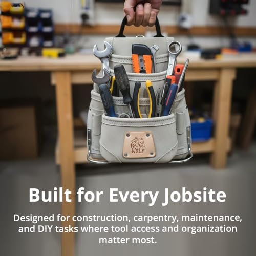 WOLF WTH2142I Heavy-Duty Genuine Reversed Leather 10-Pocket Tool Bag | Bolsa Cuero Para Hombres | Contractors Carpenters Handyman | Tool bag for Men | Bolsa de Trabajo de Cuero | Grey Suede