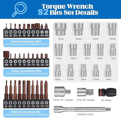 SUERCUP 3-25Nm 1/4" Torque Wrench 50 PCS Set 1/4" 3-25N.m 50PCS