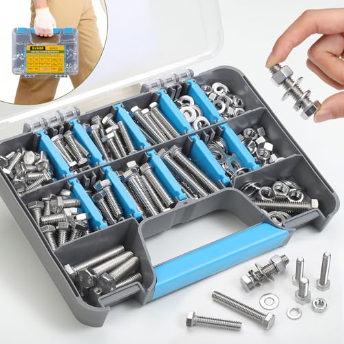 267PCS Hex Bolts and Nuts Assortment Kit,1/4-20, 5/16-18, 3/8-16 Bolt Nut and Flat Washers Assorted,304 Stainless Steel, Fully Threaded SS 1/4,5/16,3/8 267PCS Hex Bolt