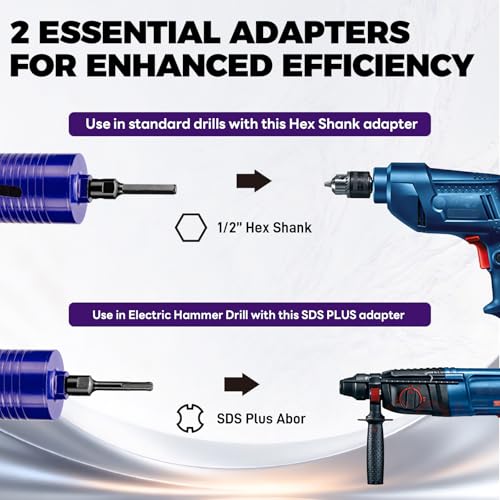 2" Core Drill Bit with Pilot Bit & Adapters(SDS Plus and 1/2" Hex), 5/8"-11 Thread, 9.5" Depth, Upgraded-Welded Segments Diamond Core Bits for Concrete, Masonry, Brick Block 2 in