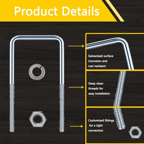 3" W x 7.1" L Zinc-Plated U-Bolts with Nuts and Spring Washers for Boat Trailer Tubes, Rectangular Wood and Metal Objects, Square Zinc-Plated Bolts (M10 x 80mm x 180mm 3inch