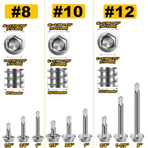 Mywish 1/4 Hex Head Lag Screws Assortment Kit & Mywish 410 Stainless Steel Self Tapping Screws for Metal, 385 Pieces #8#10#12 Hex Head Self Drilling Screws Assortment Kit, Length 1/2" to 2"