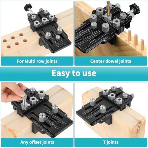 Dowel Jig Kit for Perfect Wood Joints, Self Centering Doweling Jig with 1/4 3/8 1/2 Drill Bushings & Bits, Woodworking Hole Drilling Guide for Cabinet Furniture DIY