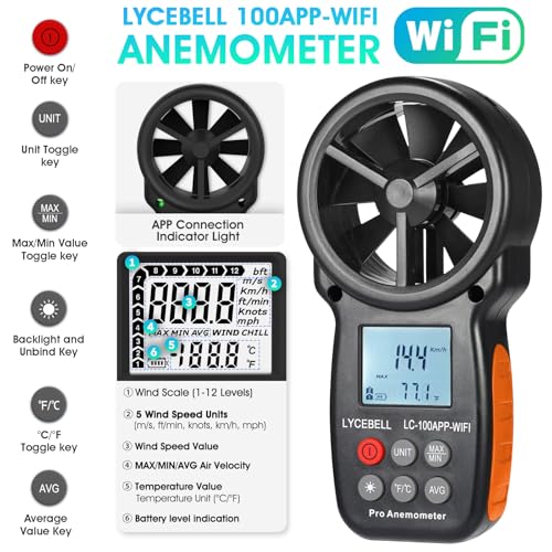 Smart Anemometer Wind Gauge with Record, WiFi App Connection & Control, Wind Meter for Monitoring Wind Speed, Temperature for HVAC, Drone, Surfing, Fishing