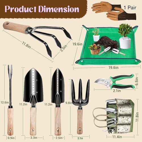 Gardening Hand Tools,14 Pieces Stainless Steel Heavy-Duty Gardening Hand Tools with Delicate Storage Bag, Aprons and Anti-Slip Rubber Gloves, Ideal Gardenings Gifts for Women