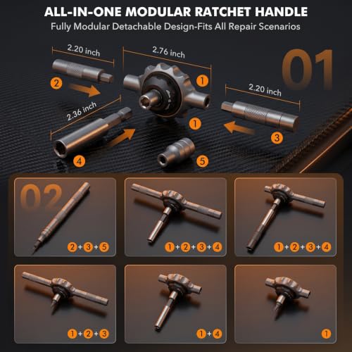 64-in-1 Ratchet Screwdriver Set with Detachable T-Handle, Magnetic Screwdriver Set, S2 Steel Bits and Sockets, Precision Multi Screwdriver Kit for Electronics, Furniture, DIY and Household Repairs