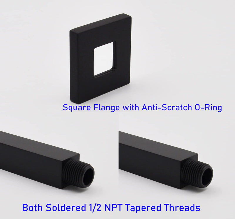 Square Shower Arm and Anti-Scratch O-Ring Flange, 3 inch, Solid Brass, Both Soldered 1/2 NPT Tapered Threads, Straight Rainfall Shower Head Arm Extension, Ceiling Mount (Matte Black) Matte Black