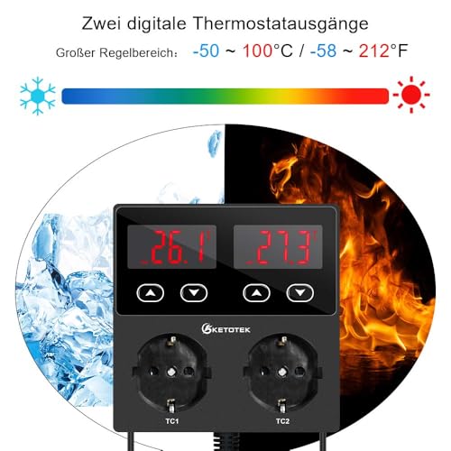 Ketotek KT99pro Dual Temperature Controller 230 V with Waterproof Sensor | Output 10A Relay, Socket Thermostat for Aquarium Reptile Brewing, Fermentation, Breeding, Incubation, Greenhouse