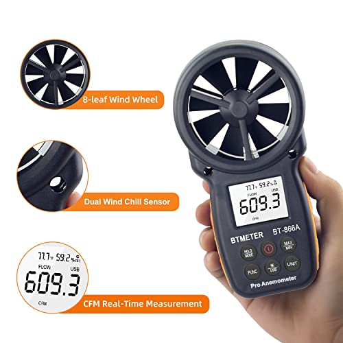 BTMETER BT-866A Pro Handheld HVAC Anemometer for CFM Airflow, Wind Speed Meter, Meter Measures Wind Speed, Temperature%RH Dew Point with USB Sync to PC