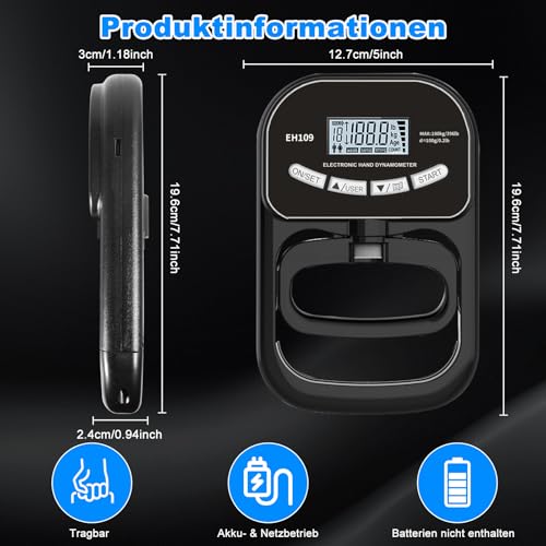 Digital Grip Strength Gauge, 396 lbs / 180 kg Hand Dynamometer, Black Hand Strength Gauge, Grip Strength Trainer with LCD Display, Grip Strength Trainer with USB Charging Cable and 19 Recording Groups