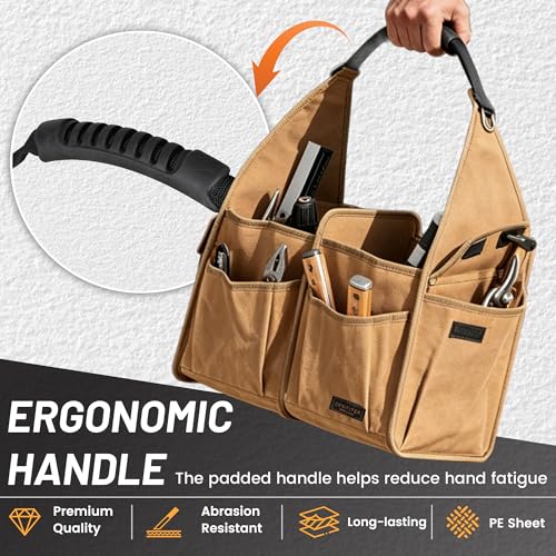 Tool Bag, 13.8-inch Heavy Duty Wide Mouth Water-Resistant Waxed Canvas Garden Bag with Reinforced Bottom for Tools, Wrenches, Screwdrivers | Khaki