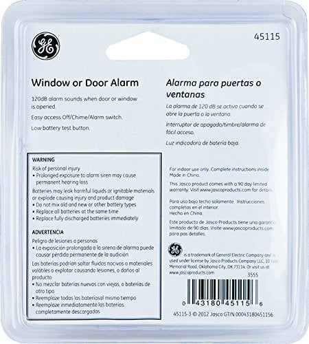 GE 45115 Personal Security Window/Door, 2-Pack, DIY Protection, Burglar Alert, Wireless Chime/Alarm, Easy Installation, Ideal for Home, Garage, Apartment, Dorm, RV and Office, White, 2 Count 2 Pack