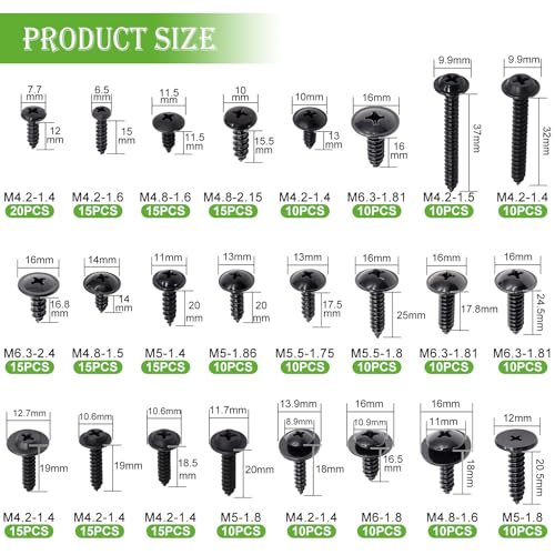 mxuteuk 280PCS Automotive Screws Kit,#8#10#12#14 Phillips Head Automotive Body Self Tapping Screws(24 Size) Black-24Sizes Automotive Screws Kit
