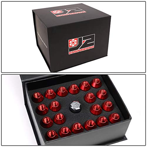 J2 Engineering 20 Pcs 7075 Aluminum Open End M12 x 1.25 Lug Nuts Set w/Adapter, Red, Fit Conical Seat, LN-T7-001-125-RD