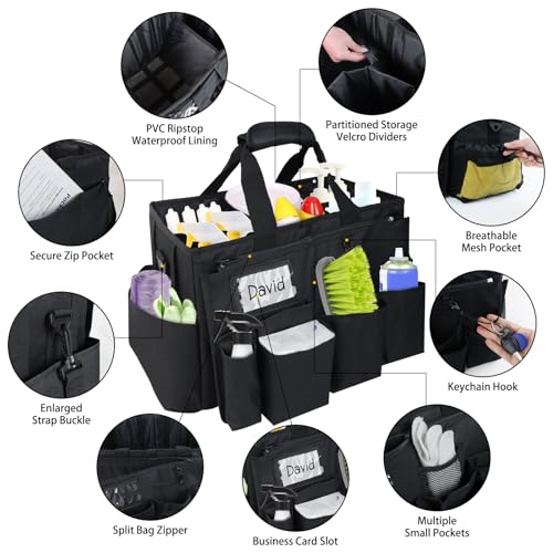 ZKOO Cleaning Bag Cleaning Caddy Organizer, Wearable Cleaning Caddy with Waist & Handles for Cleaning Tool Organizers, Extra-Large Cleaning Caddy Bag Adjustable Compartments for Housekeeping,Gardening Black