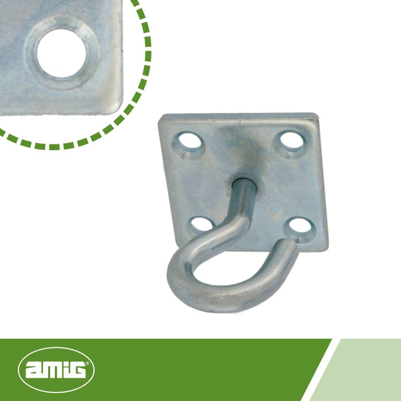 Amig - Deckenhaken für Lampen | 50 x 50 x 8 mm Haken Ø8 mm | Offener Mehrzweckhaken | Mit fester Befestigungsplatte | Verzinkter Stahl.