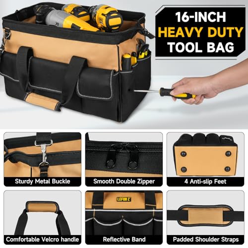 16-Inch Heavy Duty Tool Bags + 13-Pockets Large Roll Up Tool Bag Organizer,2 in 1 Tools Tote with Tool Roll Storage Pouch Carrier Bag for Men,Dad,Mechanic,Electrician,Carpenter,Construction