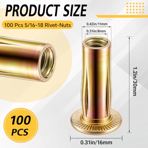 100 Pcs 5/16-18 Rivet Nuts, Multi Grip Threaded Insert Nut Kit, Zinc Plated Steel Flat Head Nutserts for Sheet Metal, Automotive, DIY Repair 100