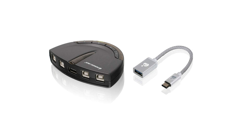 IOGEAR 4 Port USB 2.0 Switch - Auto Printer Switch - USB-A to USB-C Adapter Kit - Manually or Auto Control - LEDs Indicate - Plug N Play - GUB431CA1KIT 4 PORT w/USB-C adapter