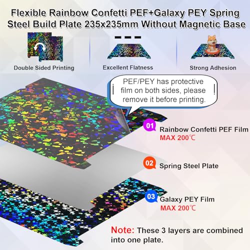 IdeaFormer Smooth Rainbow Confetti+Galaxy PEF Pressure Plate 235 x 235 mm, Spring Steel PEF Build Plate No Magnetic Print Bed for Creality K1C/K1/K1 SE/Ender 3 V3 SE/KE/Ender 3 S1/Pro/Ender 5 S1 235x235mm PEF (Rainbow Confetti+Galaxy)