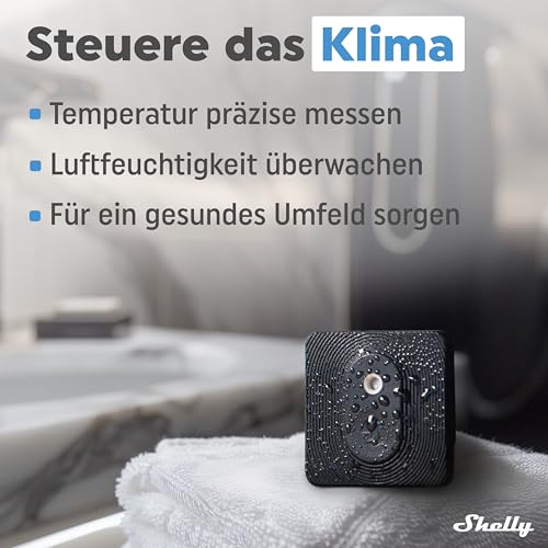 Shelly Blu H&T Black Bluetooth Controlled Temperature and Humidity Sensor Splash-proof and Dustproof Protection Class IP54 iOS Android App Gateway Required