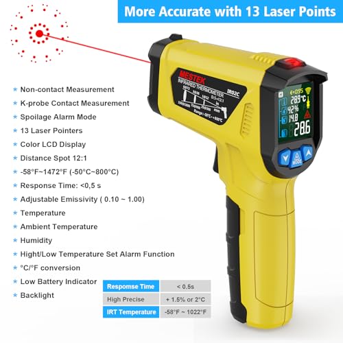 Infrared Thermometer Laser MESTEK Temperature Meter with K-Probe IR Pyrometer -50°C to 800°C Contactless Color LCD Alarm Function Adjustable Emissivity for Kitchen