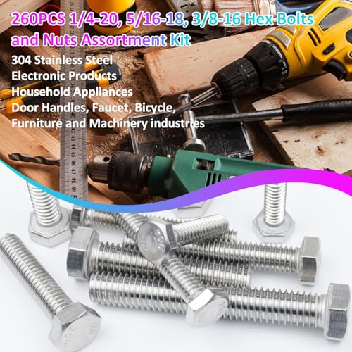 260PCS Hex Head Nuts and Bolts Assortment Kit, 1/4-20, 5/16-18, 3/8-16 Stainless Steel Bolts and Nuts Kit, Assorted Nuts and Bolts Hardware Screws Set, Flat & Spring Lock Washers Assortment with Case Hex Head Kit
