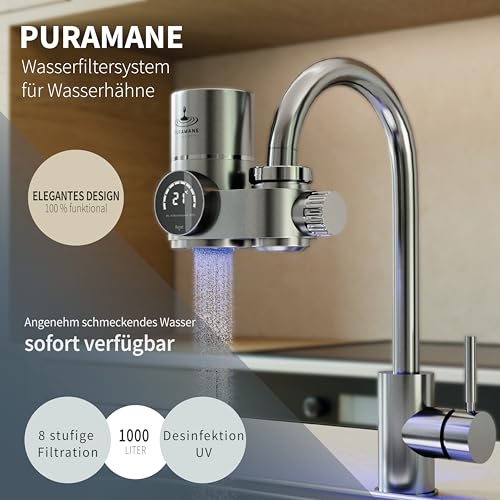 Puramane Water Filter Faucet with LED Display, Activated Carbon, 1 Filter Cartridge | French brand, LED display, UV water filter, instant anti-limescale filter, system with a filter cartridge