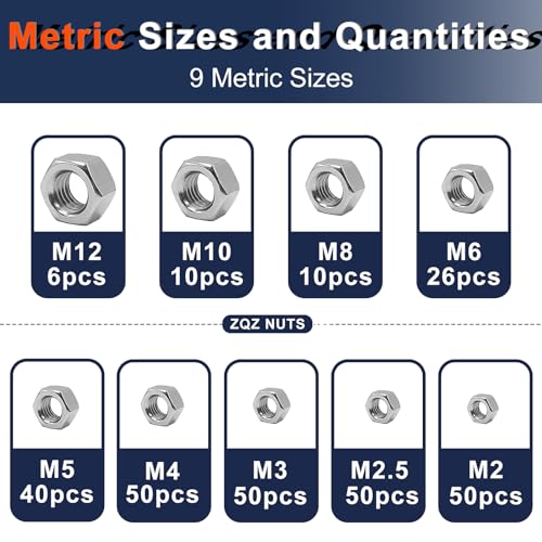 ZQZ 510 Pcs SAE & Metric Hex Nut Assortment Kit;304 Stainless Steel Nut Set SAE and Metric Hex Nuts Assortment;510 PCS