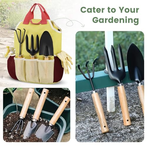 APSARAS USA Gardening Tools, Garden Tool Set, 10 Pieces Heavy Duty Sturdy Steel Gardening Tool Set with 600D Oxford Cloth Storage Tote Bag, Durable Supplies Kit Perfect Garden Gifts for Father Wood Handle and Sturdy Steel