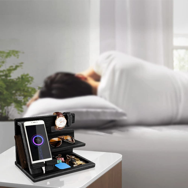 Gifts for Men Bedside Organiser Wood Phone Docking Station Dad Birthday Gifts for Him Nightstand Key Wallet Watch Stand Mens Gifts for Xmas Presents for Dad Husband Boyfriend Anniversary & Christmas Deep Black-1
