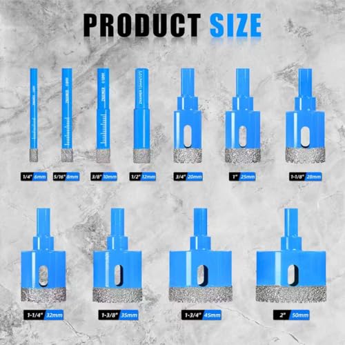 Diamond Hole Saw Tile Drill Bits Kit, 11 PCS Serrated Brazing Core Drill Bit Set with EVA Hole Saw Guide Jig, Hole Saw Sets for Ceramic, Glass, Tile, Marble, Granite, Gypsum K2-6/8/10/12/20/25/28/32/35/45/50 MM