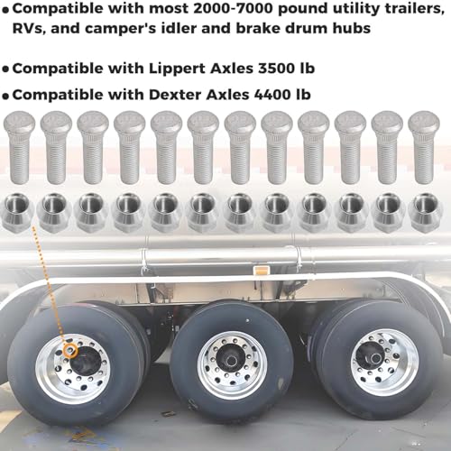 12Sets 1/2-20 Inch Wheel Stud with Nuts for Trailer Compatible with Lippert Axles 3500 lb, Compatible with Dexter Axles 4400 lb with 1/2"-20 UNF Thread Size, Wheel Studs 0.5 Inches