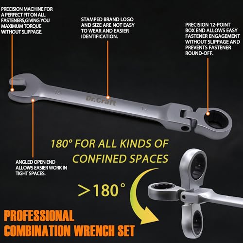vivicreate 8-Piece Flex-Head Ratcheting Combination Wrench Set, Metric 6–19mm, 72-Tooth CR-V Steel Wrenches with Organizer Bag for Automotive & DIY Repair