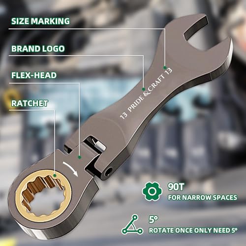 PRIDE&CRAFT 8 Piece Flex Head Stubby Ratcheting Combination Wrench Set, Metric 8-17mm, 90-Teeth, CRV, Nickel Plating with Rolling Pouch