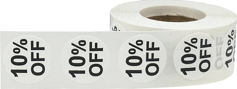 White 10% Percent Off Stickers for Retail – 3/4 Inch Round, 500 Semi-Gloss Adhesive Labels Per Roll for Promotions, Sales, Discounts, and Pricing – Made in The USA