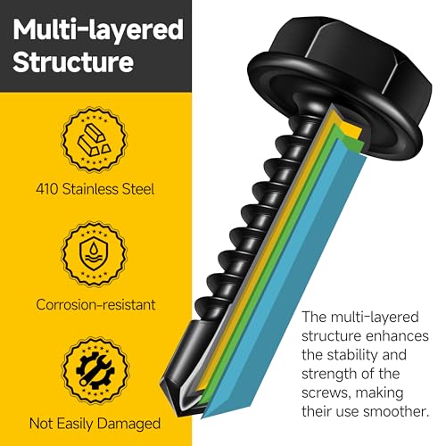 Mywish Self Tapping Screws for Metal (200Pcs) #8×1" & 55 Pieces #8#10 Hex Head Self Drilling Screws Assortment Kit, Black Sheet Metal Screws 410 Black Oxide Stainless Steel Truss Head Self Drilling Sc