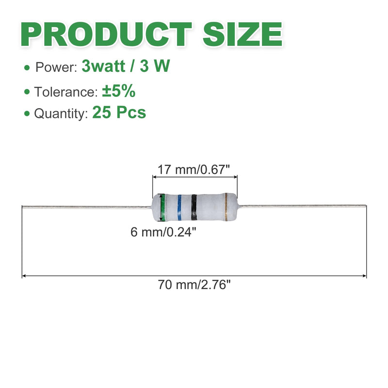 QUARKZMAN 25 Pieces 3W 56 Ohm Metal Film Resistor Electronic Components Resistors Kit 5% Tolerance for Power Supplies Audio Computer TV Circuit Boards | Electronic Components Resistors for Power Supplies Audio Computer TV Circuit Boards 56 ohms