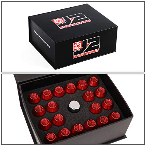 DNA MOTORING LN-T7-021-15-RD Red J2 Engineering 7075 Aluminum M12 x 1.5 20Pcs L: 50mm Knurled Top Lug Nuts w/Adapter