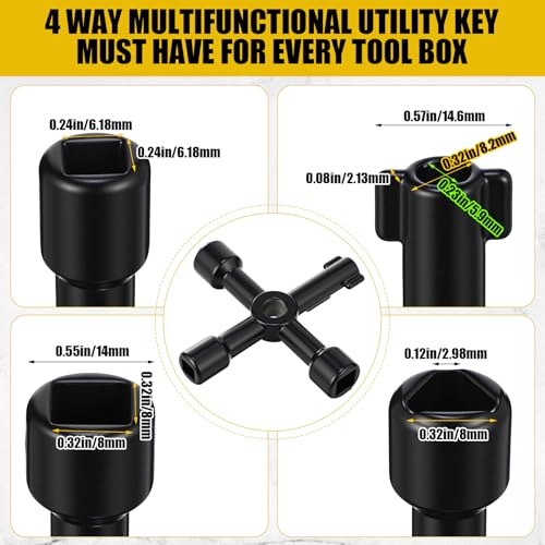Water Meter Key 12 Inch Enforced Steel Wrench T-handle with 4-way Multi-functional Universal Cross Key Brass Water Meter Box Tool for Curb Main, Underground Stop, Waste Valves (Yellow, Gold) Yellow, Gold