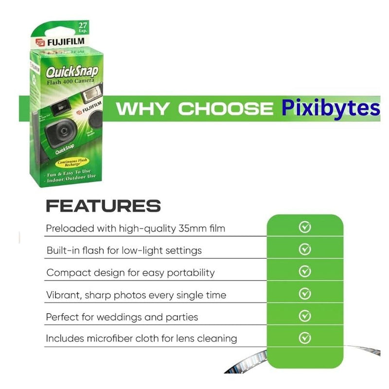 Fujifilm QuickSnap Flash 400 Disposable 35mm Camera with PixiBytes Microfiber Cleaning Cloth... (3 Packs (1 Twin /1 Single Pack)) 3 Packs (1 Twin /1 Single Pack)