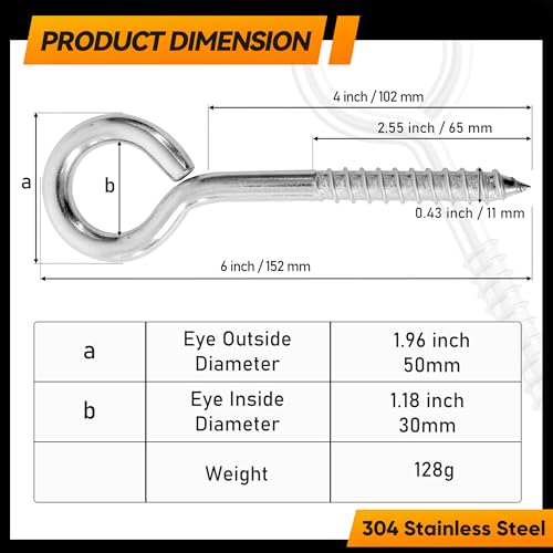 8Pcs 6 Inch Heavy Duty Screw Eyes Hooks, 304 Stainless Steel Self Tapping Eyelet Screw Eye Bolts,800LBS Breaking Strength, Screw in Eye Hooks for Wood Securing Cables Wire. (8, M10-6 Inch) 8