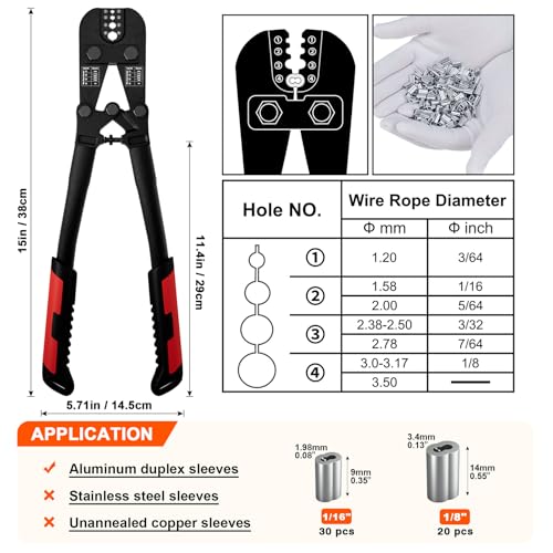 Sanuke Wire Rope Crimping Tool Kit, 3/64"-1/8" Steel Cable Swaging Tool Crimper+Sleeves (2-Piece)