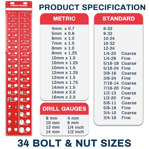34 Thread Checker Nut and Bolt Thread Checker Standard and Metric Bolt Size and Thread Identifier Gauge Drill Bit Gauge,19 Standard and 15 Metric 8 Drill Bit Sizes