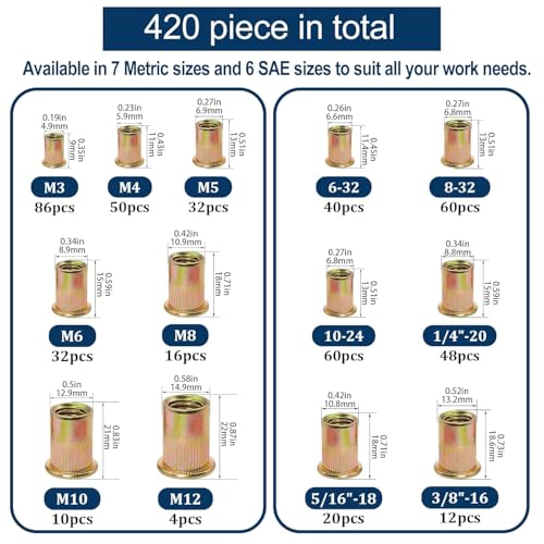 SAE Rivet Nut Assortment Kit(220 Pcs) & Vifmy Metric & SAE Rivet Nut Assortment Kit(420 Pcs)