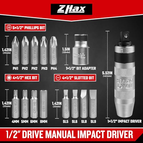 ZHAX 1/2" Hand Impact Driver Set, 15-Piece Reversible Impact Screwdriver with CR-V Steel Bits, for Stripped Screws & Rusted Bolts, Includes Slotted, Phillips & Hex Bits, Storage Case