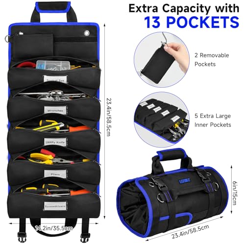 16-Inch Heavy Duty Tool Bags + 13-Pockets Large Roll Up Tool Bag Organizer,2 in 1 Tools Tote with Tool Roll Storage Pouch Carrier Bag for Men,Dad,Mechanic,Electrician,Carpenter,Construction