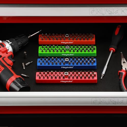 Mayouko 6PCS 1/4" Magnetic Hex Bit Holder Rack Organizer, 258 Holes, 1/4-Inch Drill Bit Holder, 6 Racks, Magnetic Bit Holder with Magnet Base for Screwdriver Bits Red-2packs,blue-2packs,orange,green